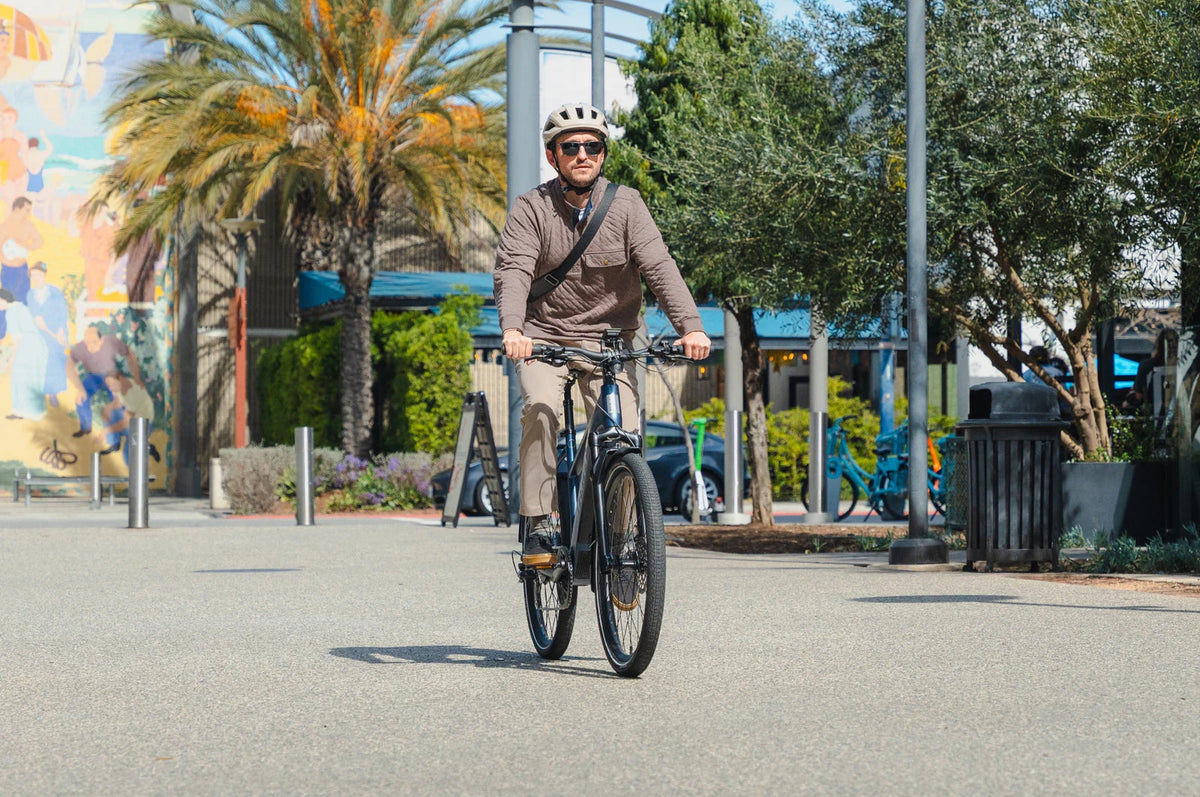 Rider on the Aventon Level 4 REC on a palm-lined street