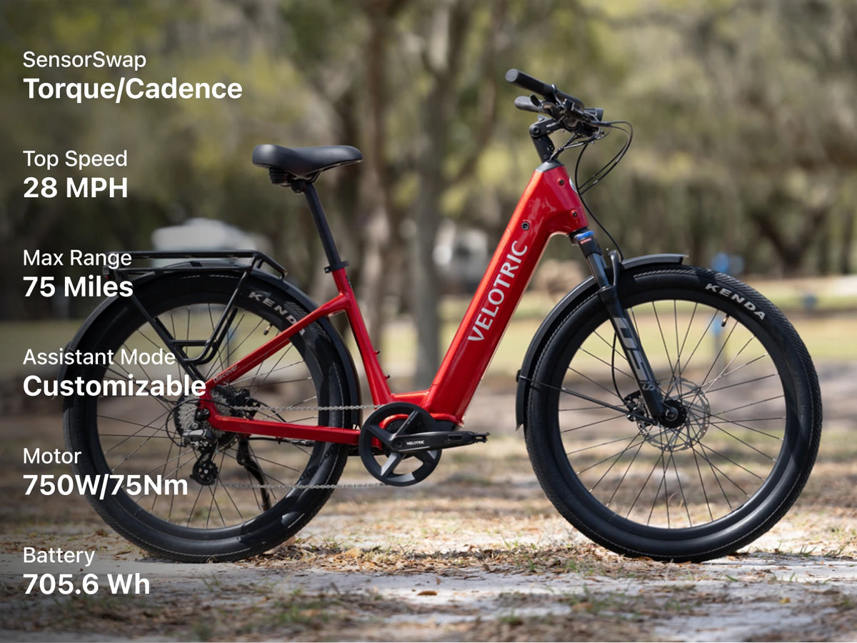 Velotric Discover 2 in Cherry Crimson on a trail with spec callouts