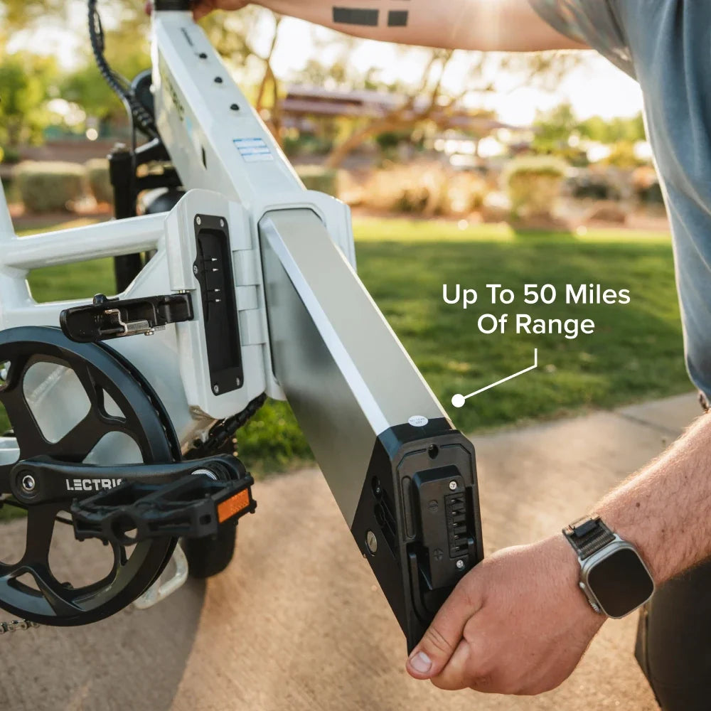 Lectric XP4 500 removable battery and range graphic