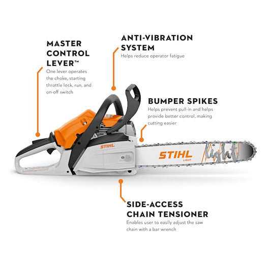 STIHL MS 162 chainsaw with 16-inch bar and chain - side view