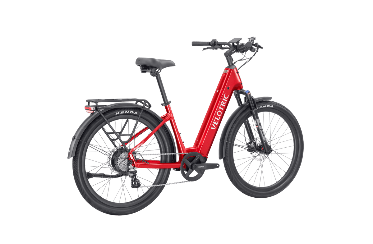Velotric Discover 2 in Cherry Crimson, rear three-quarter view