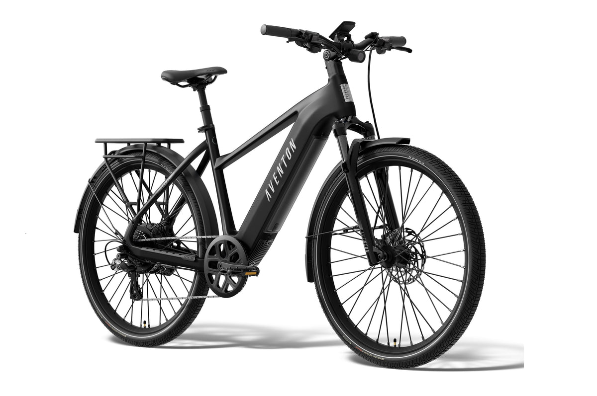 Aventon Level 4 REC in Matte Black, three-quarter view