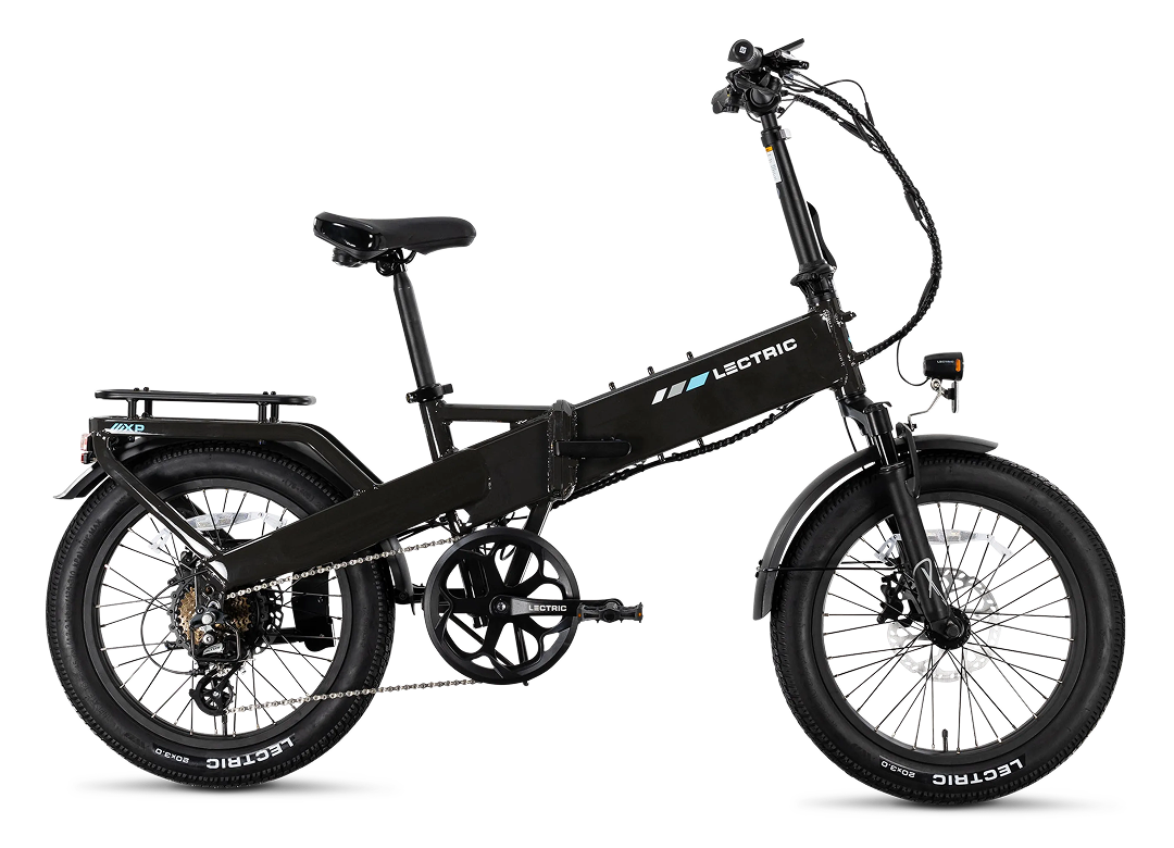 Lectric XP4 step-thru folding e-bike in black, side view