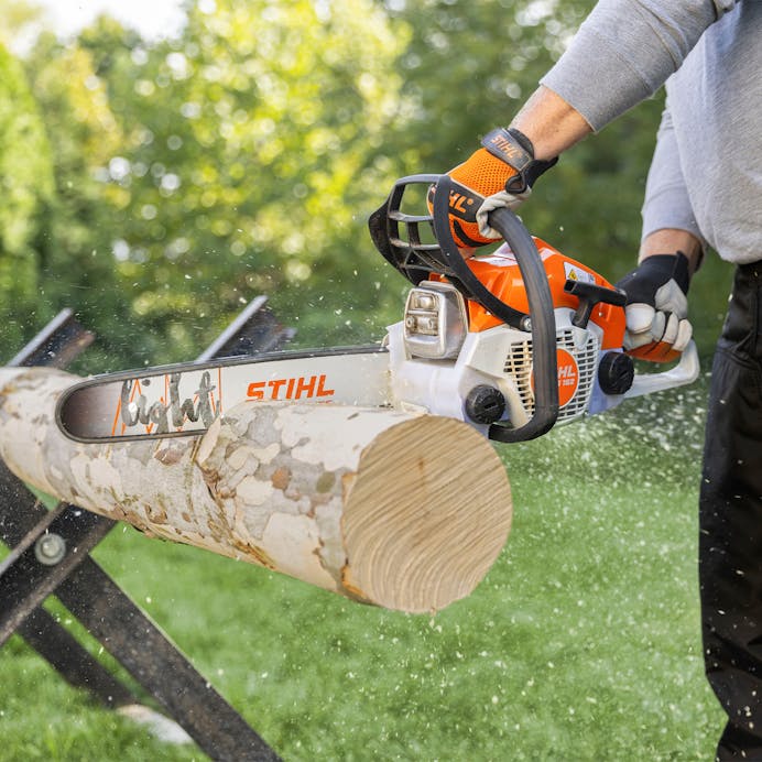 STIHL MS 162 chainsaw with 16-inch bar and chain - bar and chain detail